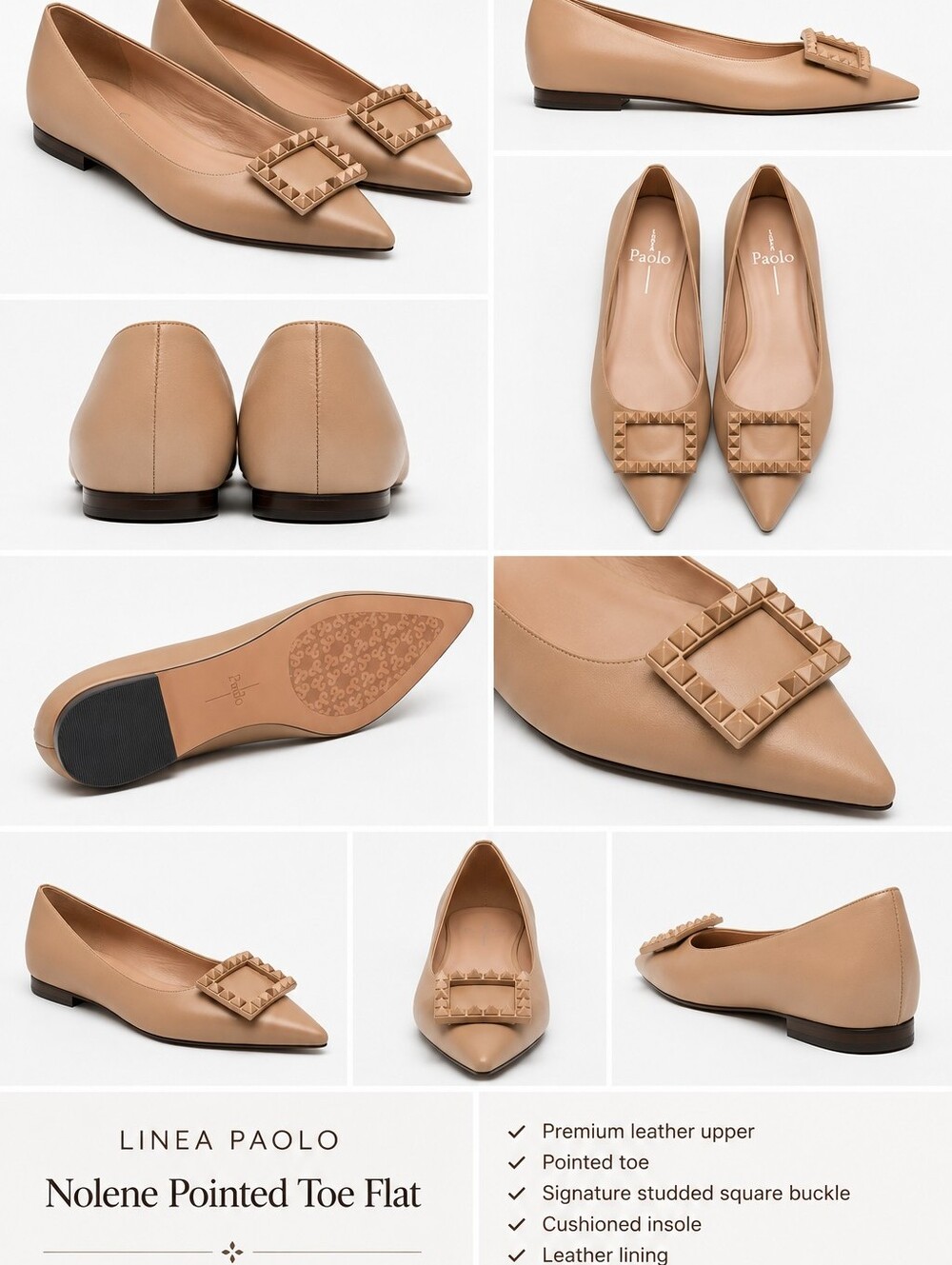 NIB Linea Paolo Beige Pointed Leather Ballet Flat with Studded Buckle